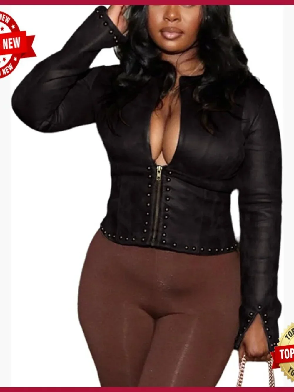 Cropped Leather Jacket with Studs, Long Sleeve, Zip Up, Motorcycle Style